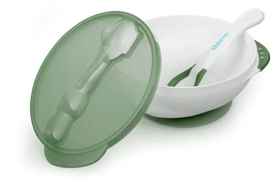 Kidsme - Syvä lautanen imukupilla ja lämpölusikalla Vihreä